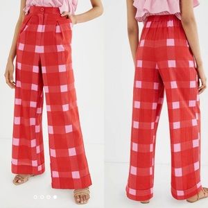 Porridge Anthropologie Preppy Plaid Wide Leg Pants M High Waisted Textured